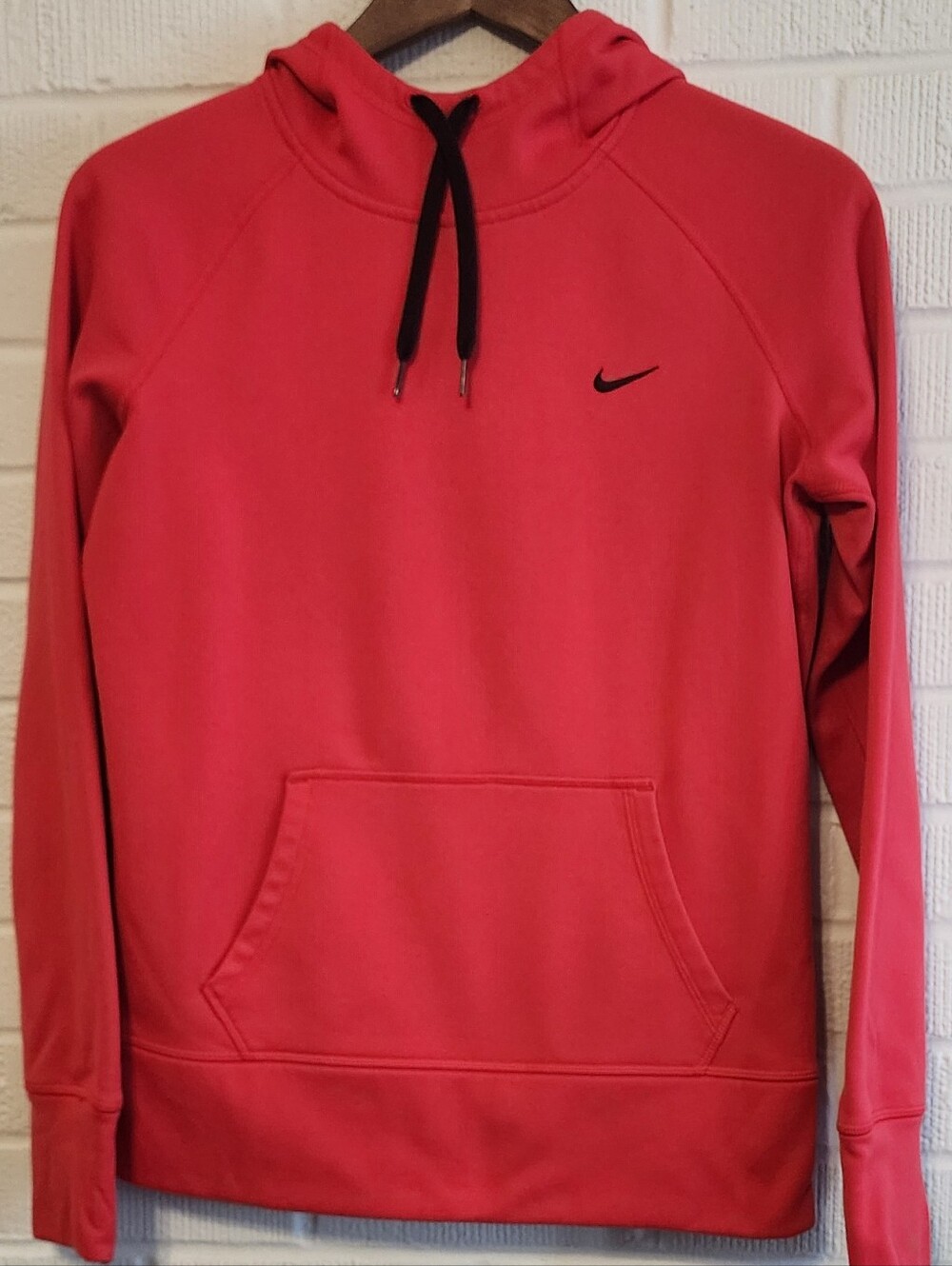 Nike Coral-Red Pullover Hoodie with Black Drawstrings